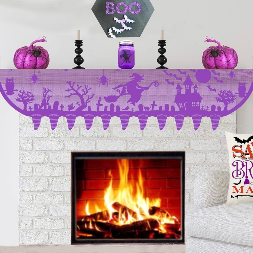 Halloween Silhouette Mantel Scarf, purple, Halloween Decor